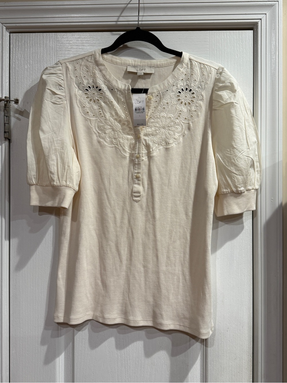 LOFT Cream Eyelet Puff-Sleeve Henley Top